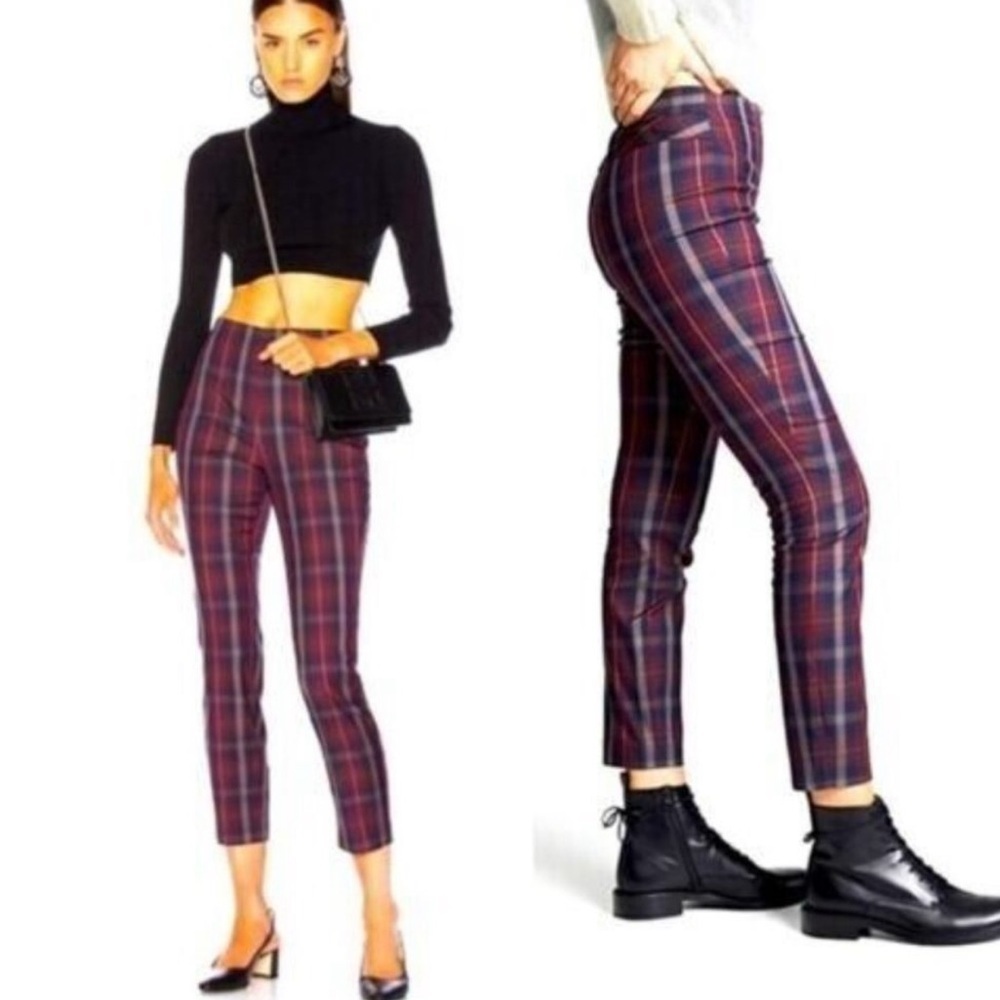 RAG & BONE Simone Burgundy Navy Grey Plaid High Rise Ankle Cropped Pants Size 4 - Picture 10 of 16